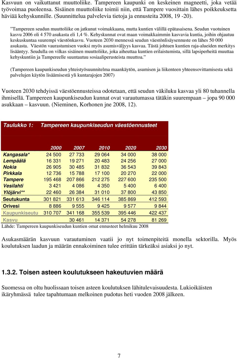 Tampereen seudun muuttoliike on jatkunut voimakkaana, mutta kuntien välillä epätasaisena. Seudun vuotuinen kasvu 2006 oli 4 570 asukasta eli 1,4 %.