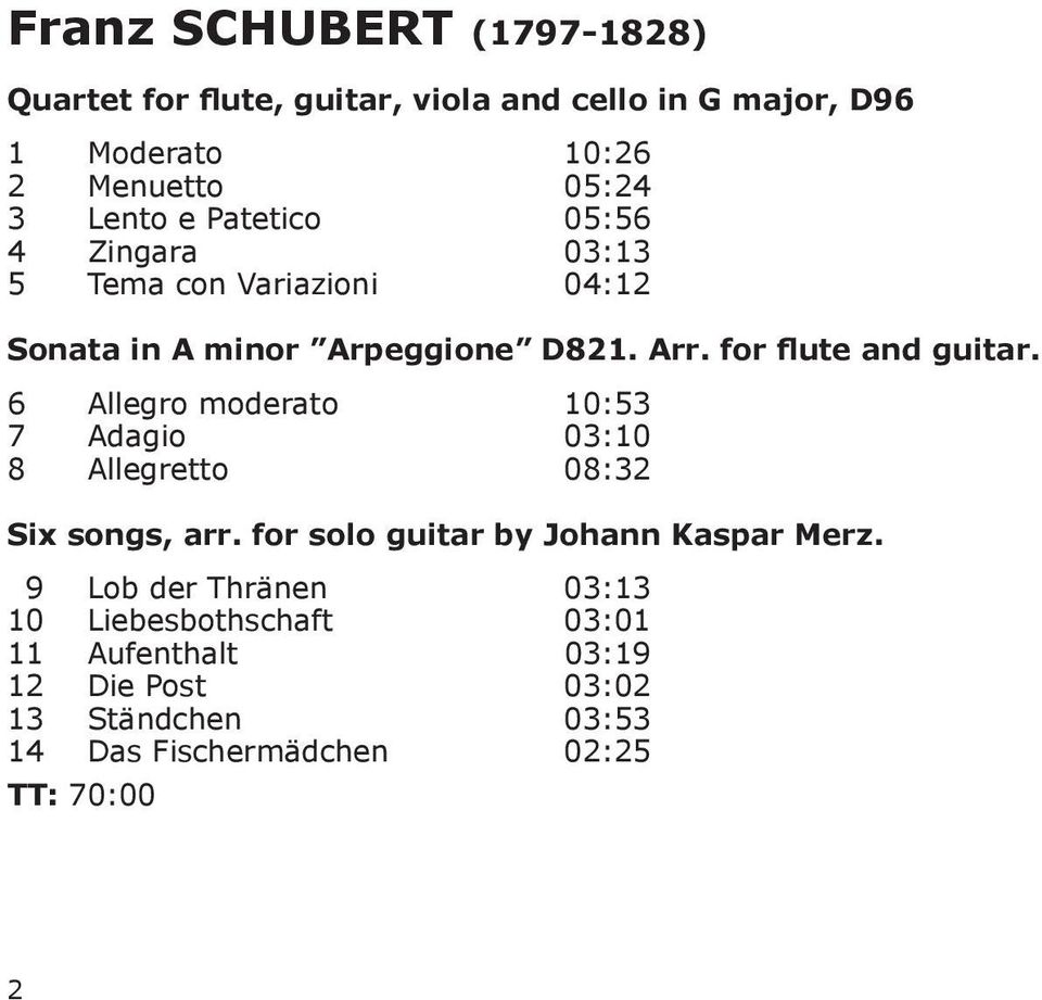 6 Allegro moderato 10:53 7 Adagio 03:10 8 Allegretto 08:32 Six songs, arr. for solo guitar by Johann Kaspar Merz.