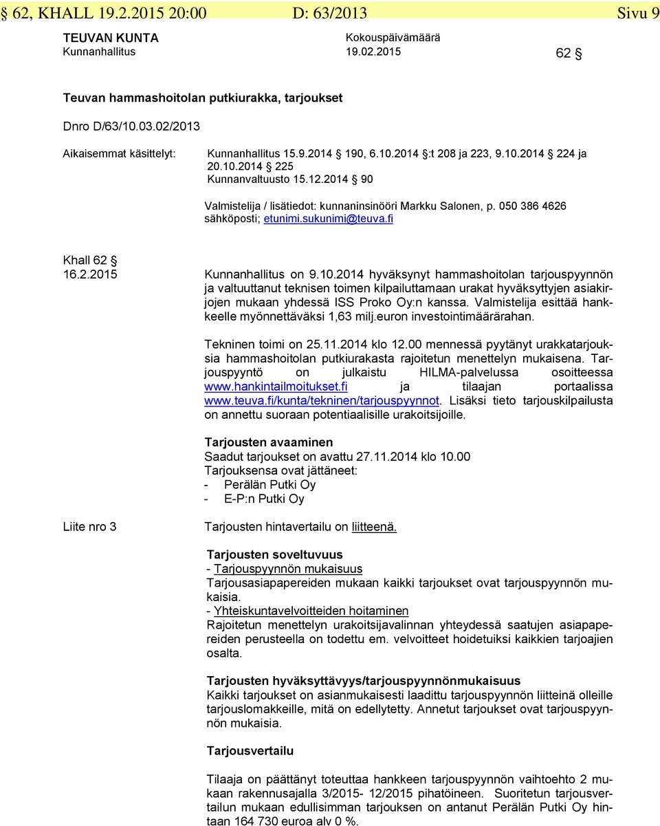 fi Khall 62 16.2.2015 Kunnanhallitus on 9.10.