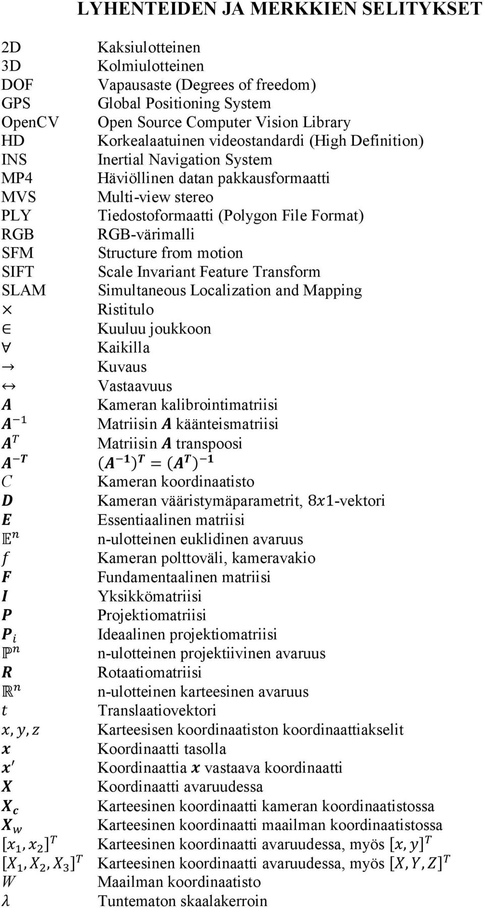 RGB-värimalli SFM Structure from motion SIFT Scale Invariant Feature Transform SLAM Simultaneous Localization and Mapping Ristitulo Kuuluu joukkoon Kaikilla Kuvaus Vastaavuus A Kameran