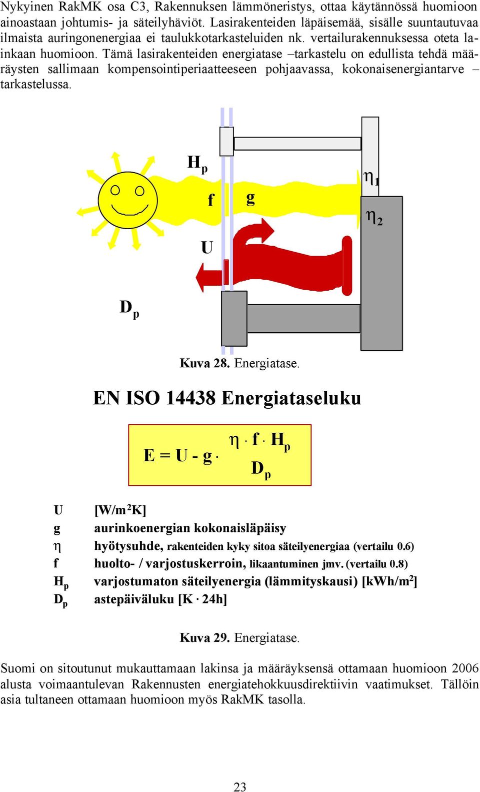 Tämä lasirakenteiden energiatase tarkastelu on edullista tehdä määräysten sallimaan kompensointiperiaatteeseen pohjaavassa, kokonaisenergiantarve tarkastelussa. H p f U g h 1 h 2 D p Kuva 28.