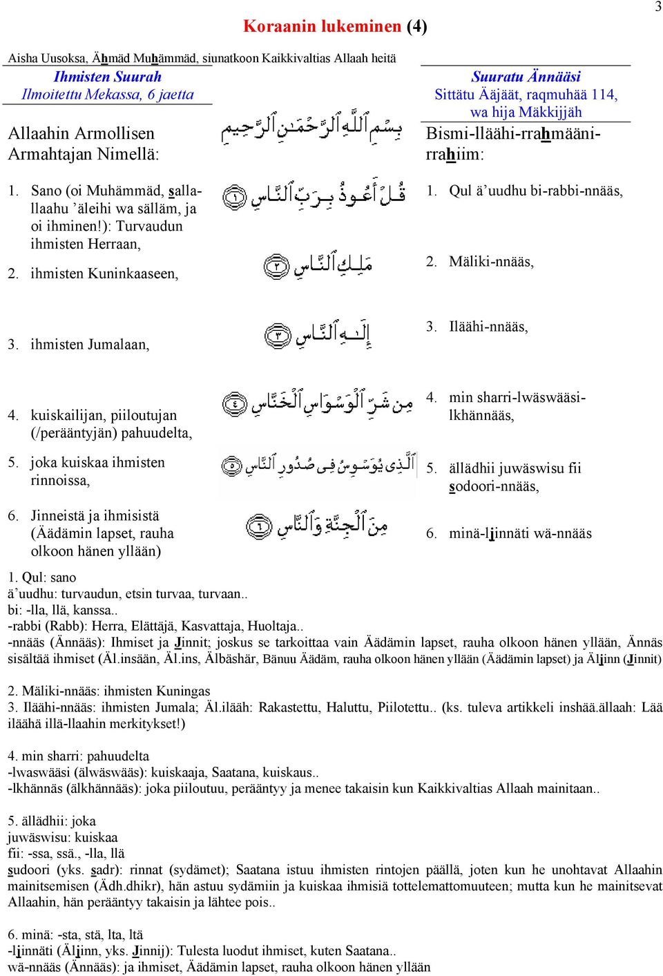 ihmisten Kuninkaaseen, Suuratu Ännääsi Sittätu Ääjäät, raqmuhää 114, wa hija Mäkkijjäh Bismi-lläähi-rrahmäänirrahiim: 1. Qul ä uudhu bi-rabbi-nnääs, 2. Mäliki-nnääs, 3. ihmisten Jumalaan, 3.