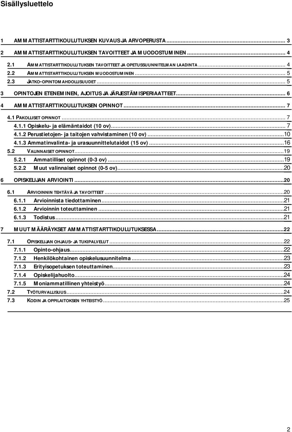 .. 5 3 OPINTOJEN ETENEMINEN, AJOITUS JA JÄRJESTÄMISPERIAATTEET... 6 4 AMMATTISTARTTIKOULUTUKSEN OPINNOT... 7 4.1 PAKOLLISET OPINNOT... 7 4.1.1 Opiskelu- ja elämäntaidot (10 ov)... 7 4.1.2 Perustietojen- ja taitojen vahvistaminen (10 ov).