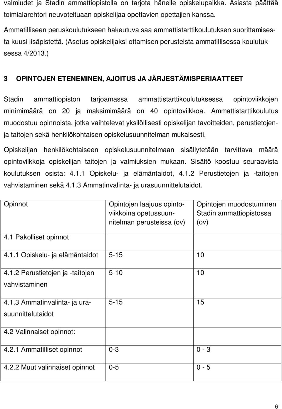 ) 3 OPINTOJEN ETENEMINEN, AJOITUS JA JÄRJESTÄMISPERIAATTEET Stadin ammattiopiston tarjoamassa ammattistarttikoulutuksessa opintoviikkojen minimimäärä on 20 ja maksimimäärä on 40 opintoviikkoa.
