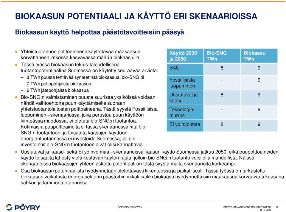 Tässä työssä biokaasun teknis-taloudellisena tuotantopotentiaalina Suomessa on käytetty seuraavaa arviota: 8 TWh puusta tehtävää synteettistä biokaasua, bio-sng:tä 7 TWh peltopohjaista biokaasua 2