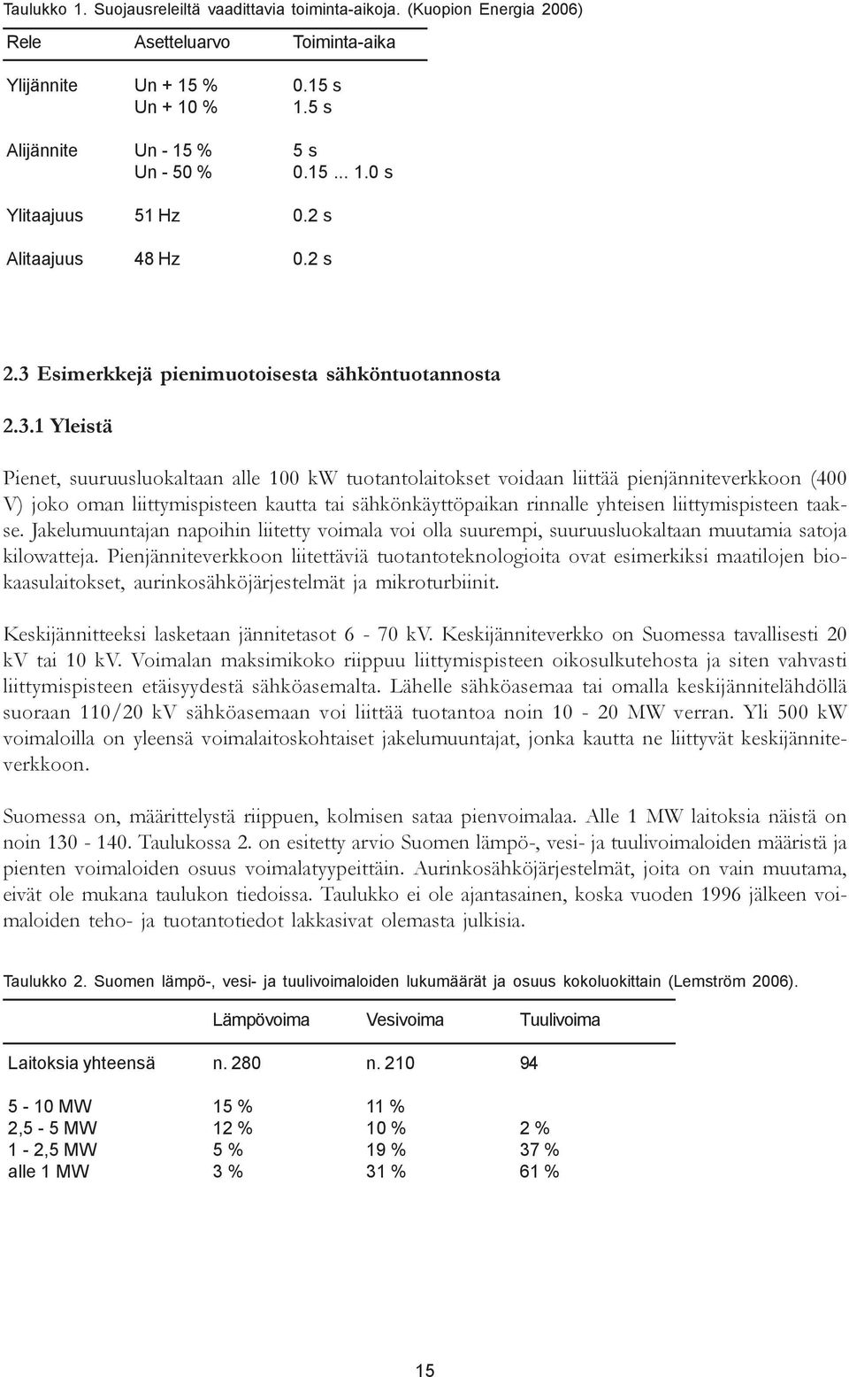 3 Esimerkkejä pienimuotoisesta sähköntuotannosta 2.3.1 Yleistä Pienet, suuruusluokaltaan alle 100 kw tuotantolaitokset voidaan liittää pienjänniteverkkoon (400 V) joko oman liittymispisteen kautta