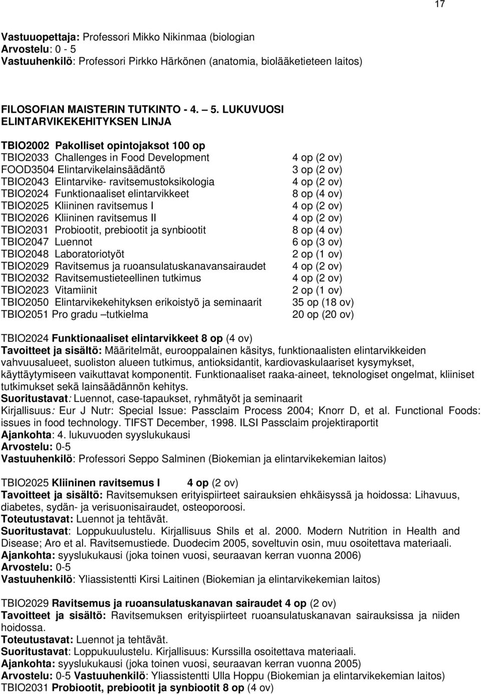 TBIO2024 Funktionaaliset elintarvikkeet TBIO2025 Kliininen ravitsemus I TBIO2026 Kliininen ravitsemus II TBIO2031 Probiootit, prebiootit ja synbiootit TBIO2047 Luennot TBIO2048 Laboratoriotyöt