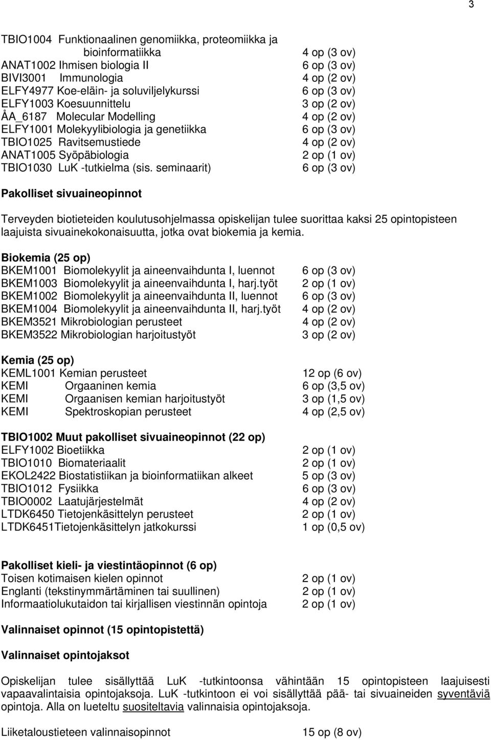 seminaarit) 6 op (3 ov) Pakolliset sivuaineopinnot Terveyden biotieteiden koulutusohjelmassa opiskelijan tulee suorittaa kaksi 25 opintopisteen laajuista sivuainekokonaisuutta, jotka ovat biokemia ja