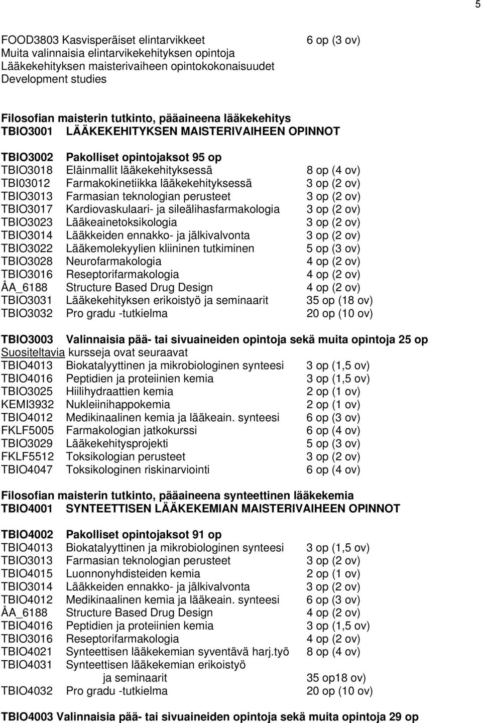lääkekehityksessä 3 op (2 ov) TBIO3013 Farmasian teknologian perusteet 3 op (2 ov) TBIO3017 Kardiovaskulaari- ja sileälihasfarmakologia 3 op (2 ov) TBIO3023 Lääkeainetoksikologia 3 op (2 ov) TBIO3014
