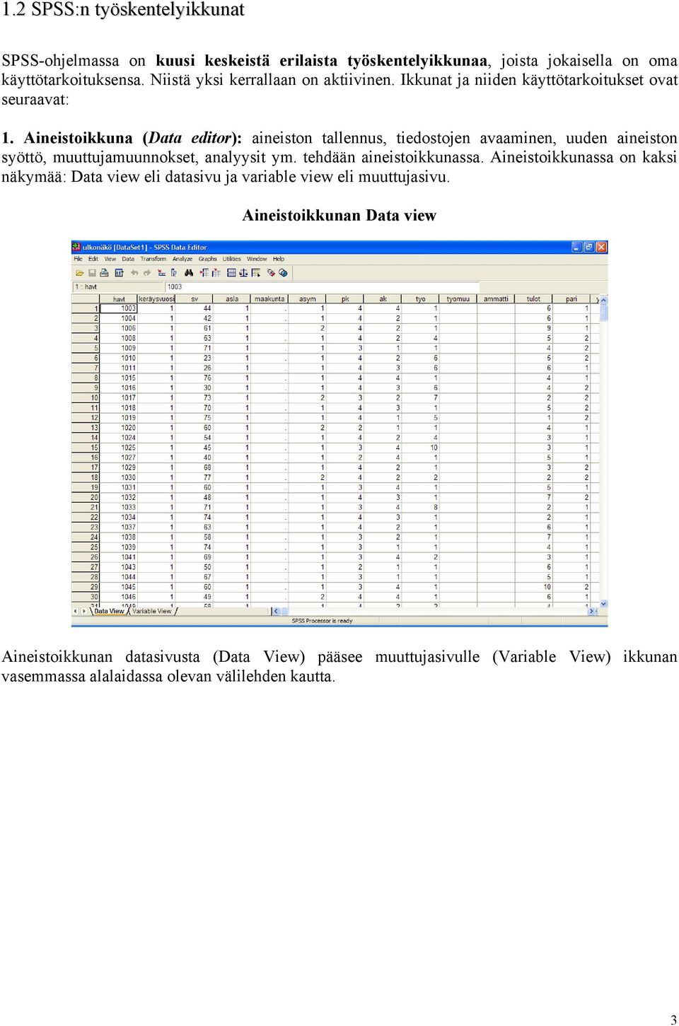 Aineistoikkuna (Data editor): aineiston tallennus, tiedostojen avaaminen, uuden aineiston syöttö, muuttujamuunnokset, analyysit ym. tehdään aineistoikkunassa.