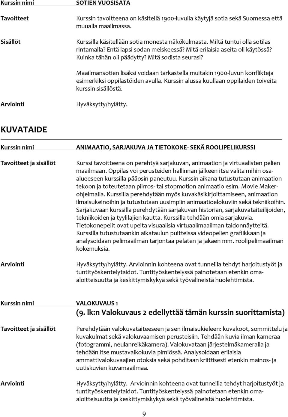 Maailmansotien lisäksi voidaan tarkastella muitakin 1900-luvun konflikteja esimerkiksi oppilastöiden avulla. Kurssin alussa kuullaan oppilaiden toiveita kurssin sisällöstä. Hyväksytty/hylätty.