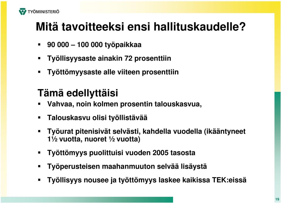 edellyttäisi Vahvaa, noin kolmen prosentin talouskasvua, Talouskasvu olisi työllistävää Työurat pitenisivät selvästi,