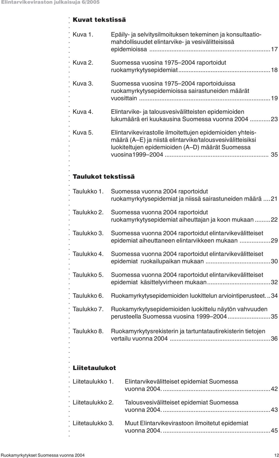 ..17 Suomessa vuosina 1975 2004 raportoidut ruokamyrkytysepidemiat...18 Suomessa vuosina 1975 2004 raportoiduissa ruokamyrkytysepidemioissa sairastuneiden määrät vuosittain.