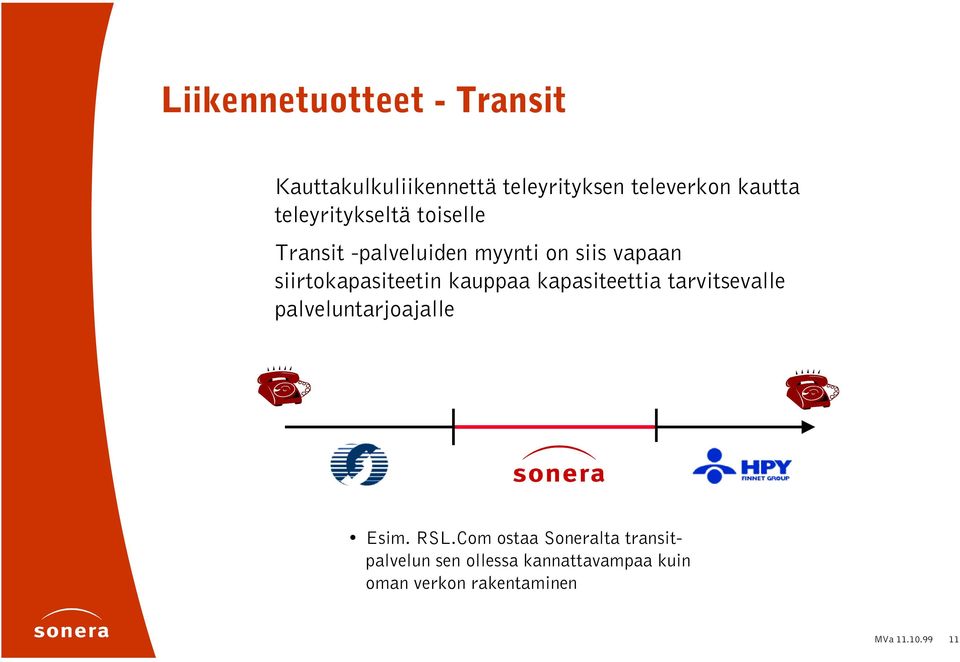 siirtokapasiteetin kauppaa kapasiteettia tarvitsevalle palveluntarjoajalle Esim. RSL.