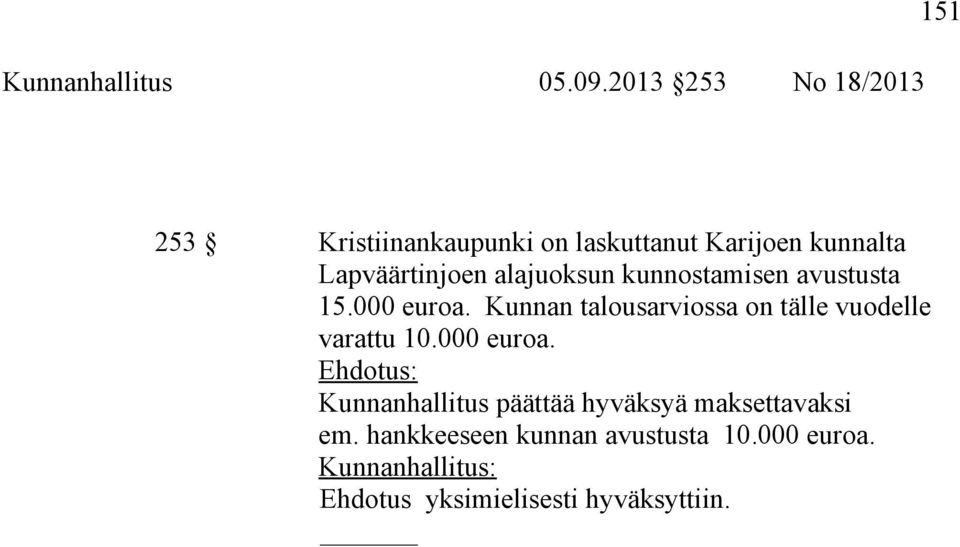 Lapväärtinjoen alajuoksun kunnostamisen avustusta 15.000 euroa.