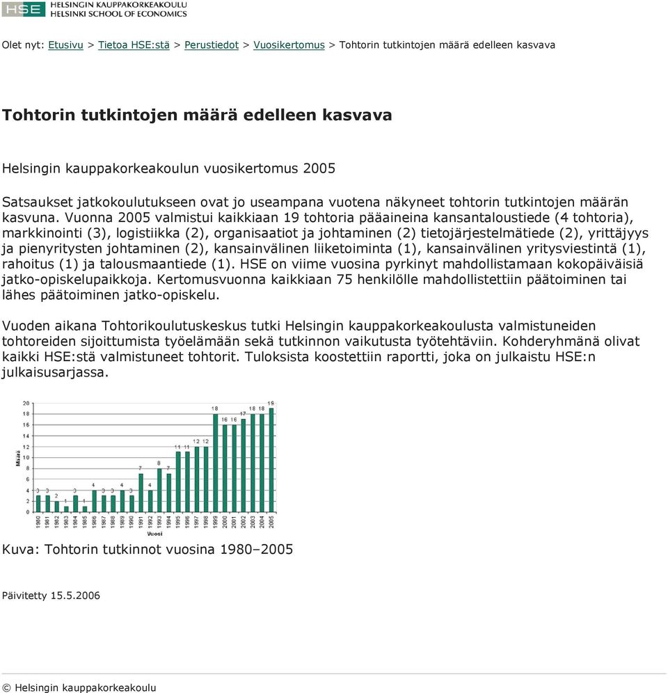 Vuonna 2005 valmistui kaikkiaan 19 tohtoria pääaineina kansantaloustiede (4 tohtoria), markkinointi (3), logistiikka (2), organisaatiot ja johtaminen (2) tietojärjestelmätiede (2), yrittäjyys ja