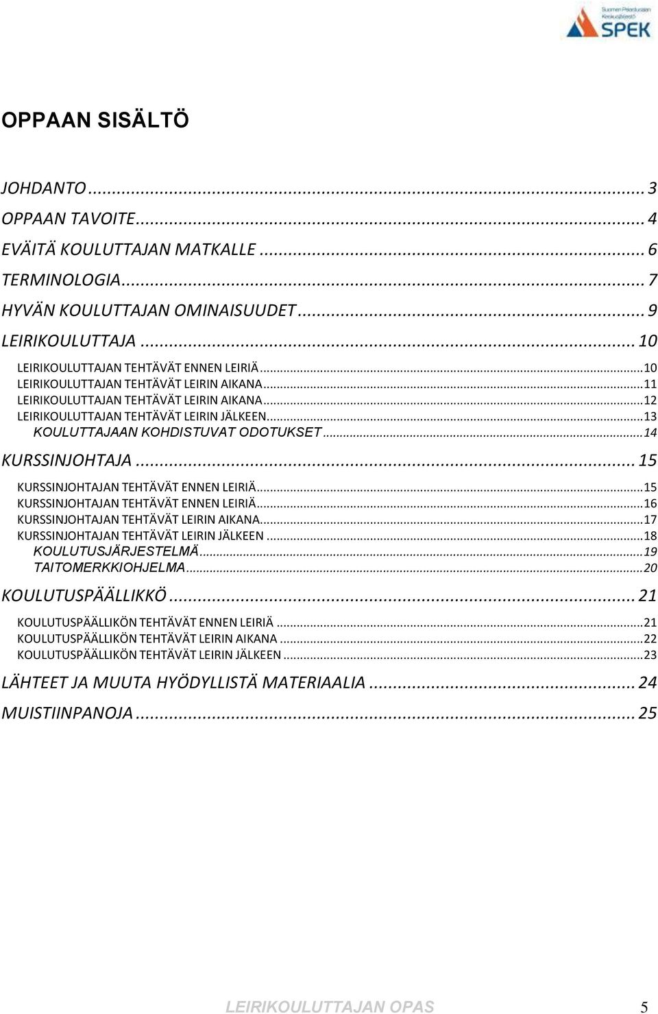 .. 15 KURSSINJOHTAJAN TEHTÄVÄT ENNEN LEIRIÄ... 15 KURSSINJOHTAJAN TEHTÄVÄT ENNEN LEIRIÄ... 16 KURSSINJOHTAJAN TEHTÄVÄT LEIRIN AIKANA... 17 KURSSINJOHTAJAN TEHTÄVÄT LEIRIN JÄLKEEN.