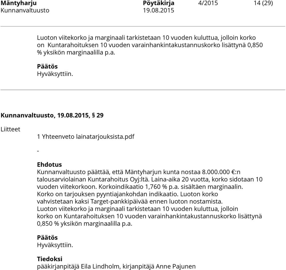 000 :n talousarviolainan Kuntarahoitus Oyj:ltä. Laina-aika 20 vuotta, korko sidotaan 10 vuoden viitekorkoon. Korkoindikaatio 1,760 % p.a. sisältäen marginaalin.