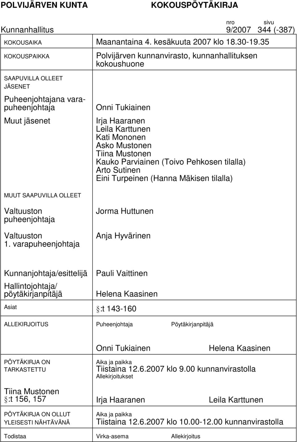 Kati Mononen Asko Mustonen Tiina Mustonen Kauko Parviainen (Toivo Pehkosen tilalla) Arto Sutinen Eini Turpeinen (Hanna Mäkisen tilalla) MUUT SAAPUVILLA OLLEET Valtuuston puheenjohtaja Valtuuston 1.