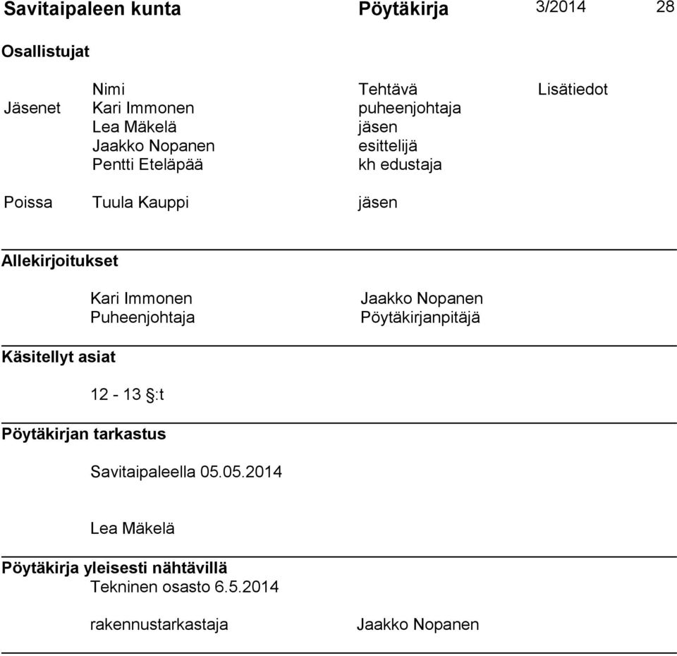 Kari Immonen Puheenjohtaja Jaakko Nopanen Pöytäkirjanpitäjä Käsitellyt asiat 12-13 :t Pöytäkirjan tarkastus