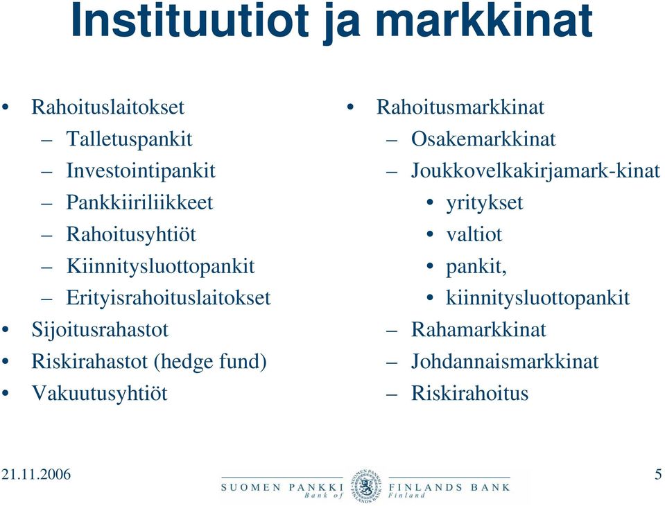 (hedge fund) Vakuutusyhtiöt Rahoitusmarkkinat Osakemarkkinat Joukkovelkakirjamark-kinat