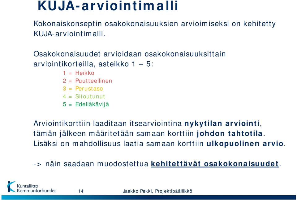 = Sitoutunut 5 = Edelläkävijä Arviointikorttiin laaditaan itsearviointina nykytilan arviointi, tämän jälkeen määritetään samaan