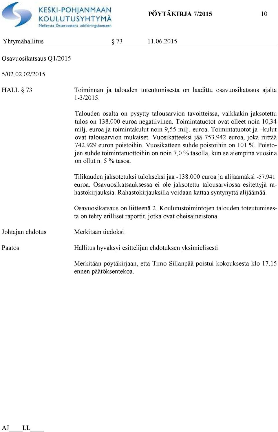 euroa. Toimintatuotot ja kulut ovat talousarvion mukaiset. Vuosikatteeksi jää 753.942 euroa, joka riittää 742.929 euron poistoihin. Vuosikatteen suhde poistoihin on 101 %.