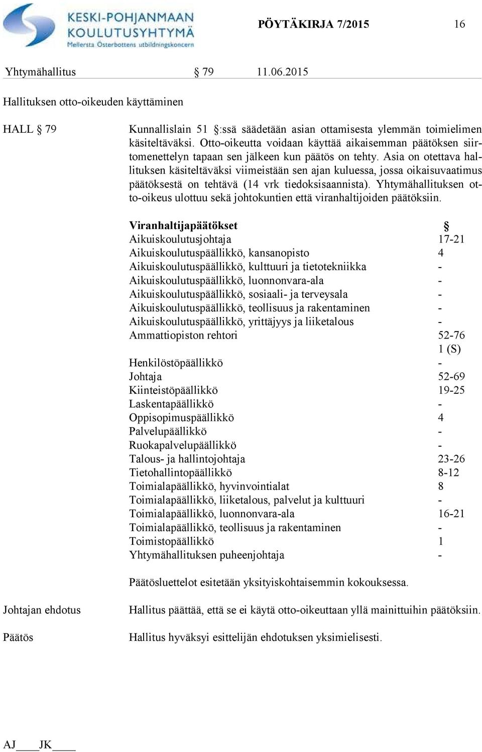 Asia on otettava hallituksen käsiteltäväk si viimeistään sen ajan kuluessa, jossa oikaisuvaati mus päätöksestä on tehtävä (14 vrk tiedoksisaannista).