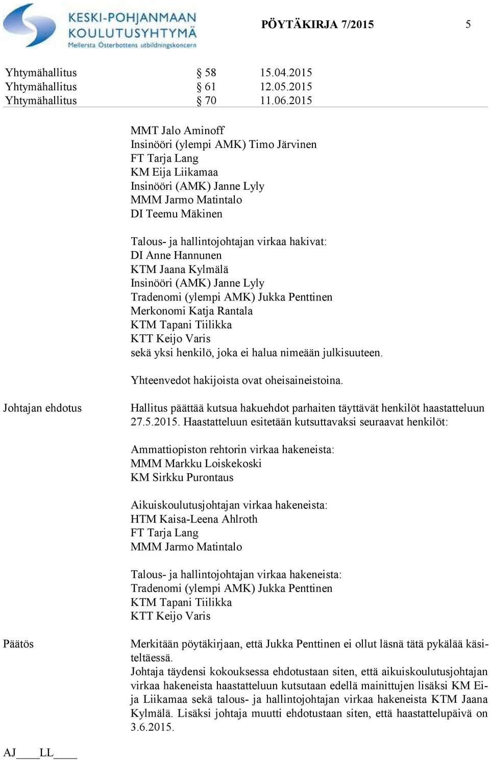 DI Anne Hannunen KTM Jaana Kylmälä Insinööri (AMK) Janne Lyly Tradenomi (ylempi AMK) Jukka Penttinen Merkonomi Katja Rantala KTM Tapani Tiilikka KTT Keijo Varis sekä yksi henkilö, joka ei halua