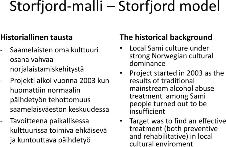 historical background Local Sami culture under strong Norwegian cultural dominance Project started in 2003 as the resultsof traditional mainstream alcohol