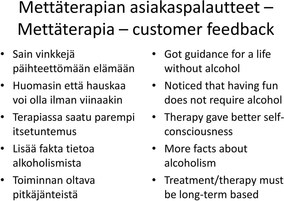 Toiminnan oltava pitkäjänteistä Got guidance for a life without alcohol Noticed that having fun does not