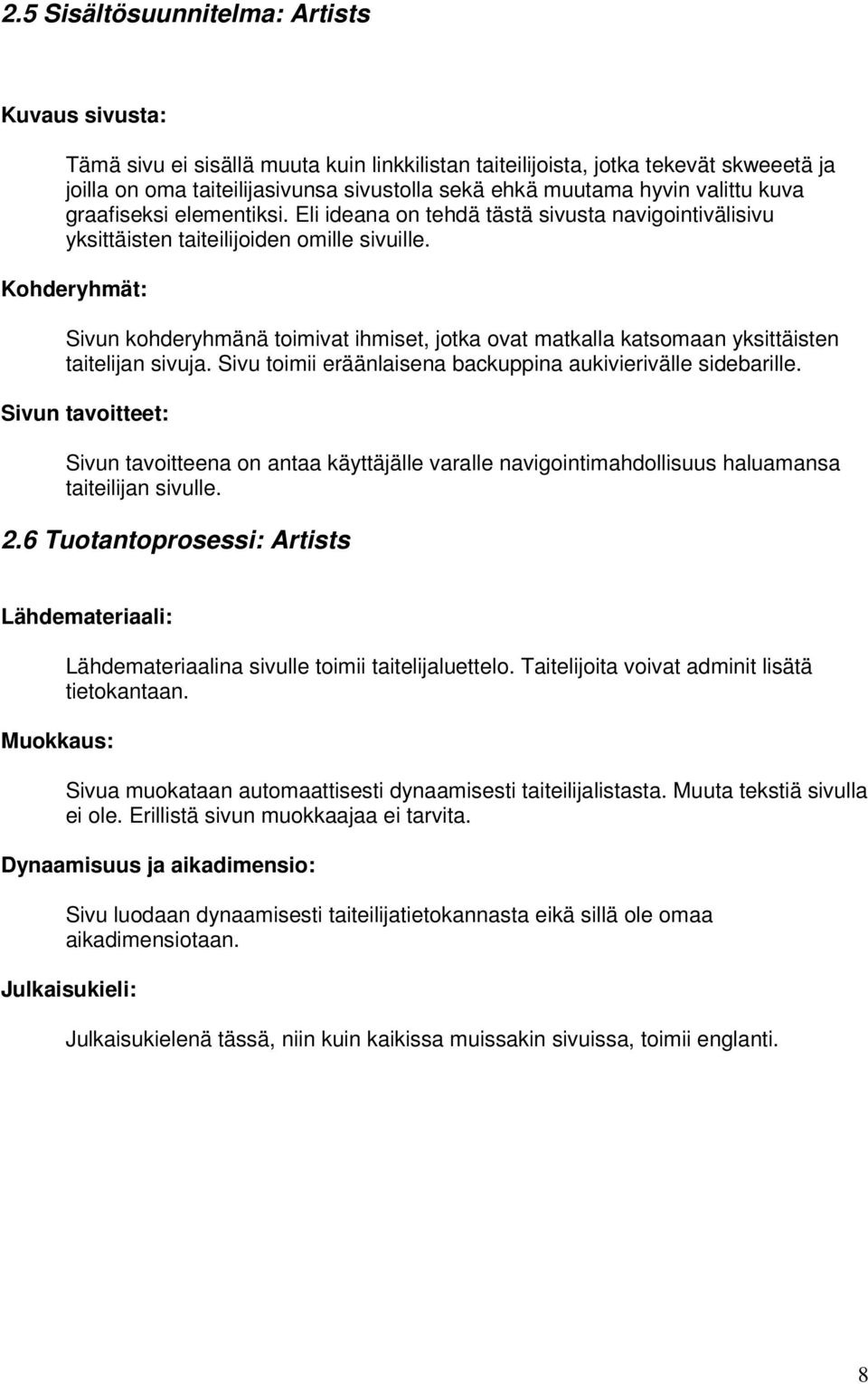 Kohderyhmät: Sivun kohderyhmänä toimivat ihmiset, jotka ovat matkalla katsomaan yksittäisten taitelijan sivuja. Sivu toimii eräänlaisena backuppina aukivierivälle sidebarille.