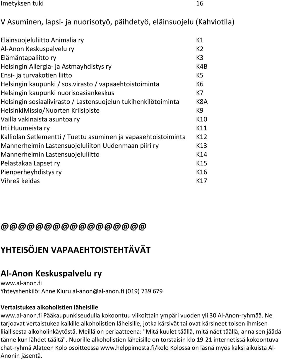 virasto / vapaaehtoistoiminta K6 Helsingin kaupunki nuorisoasiankeskus K7 Helsingin sosiaalivirasto / Lastensuojelun tukihenkilötoiminta K8A HelsinkiMissio/Nuorten Kriisipiste K9 Vailla vakinaista