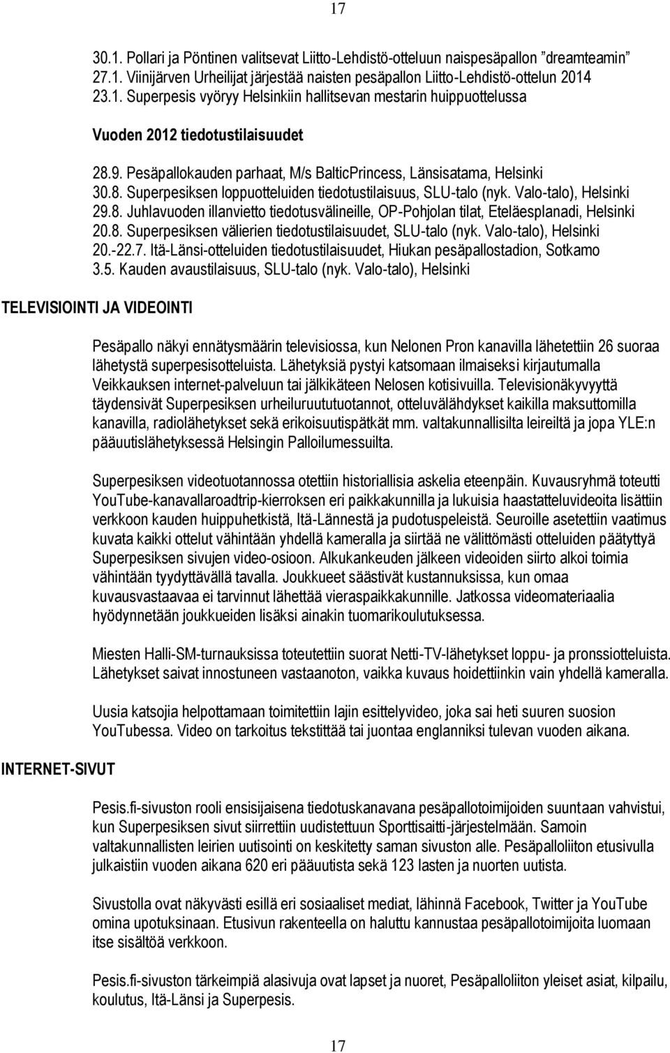 8. Superpesiksen välierien tiedotustilaisuudet, SLU-talo (nyk. Valo-talo), Helsinki 20.-22.7. Itä-Länsi-otteluiden tiedotustilaisuudet, Hiukan pesäpallostadion, Sotkamo 3.5.