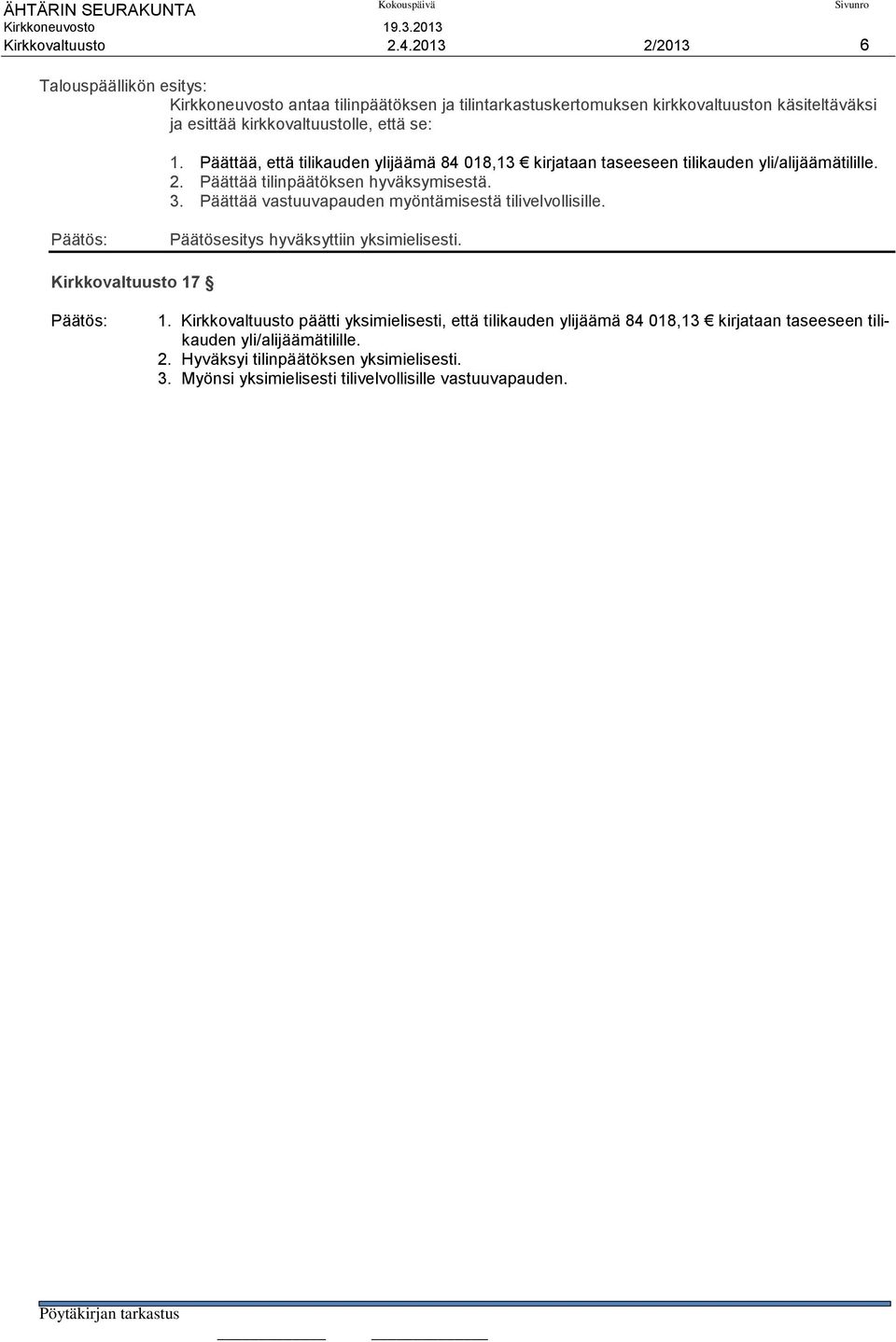 se: 1. Päättää, että tilikauden ylijäämä 84 018,13 kirjataan taseeseen tilikauden yli/alijäämätilille. 2. Päättää tilinpäätöksen hyväksymisestä. 3.