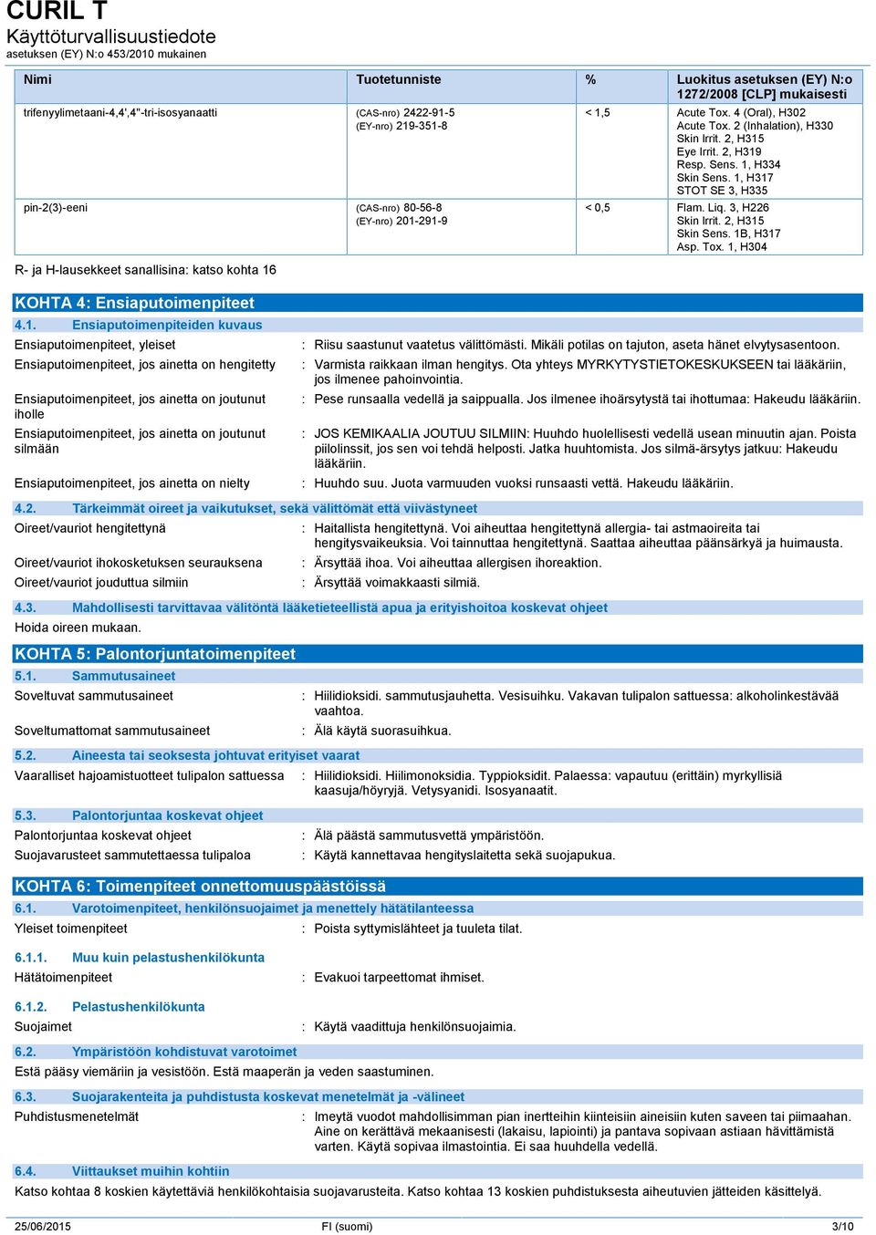 1, H317 STOT SE 3, H335 < 0,5 Flam. Liq. 3, H226 Skin Irrit. 2, H315 Skin Sens. 1B, H317 Asp. Tox. 1, H304 KOHTA 4: Ensiaputoimenpiteet 4.1. Ensiaputoimenpiteiden kuvaus Ensiaputoimenpiteet, yleiset