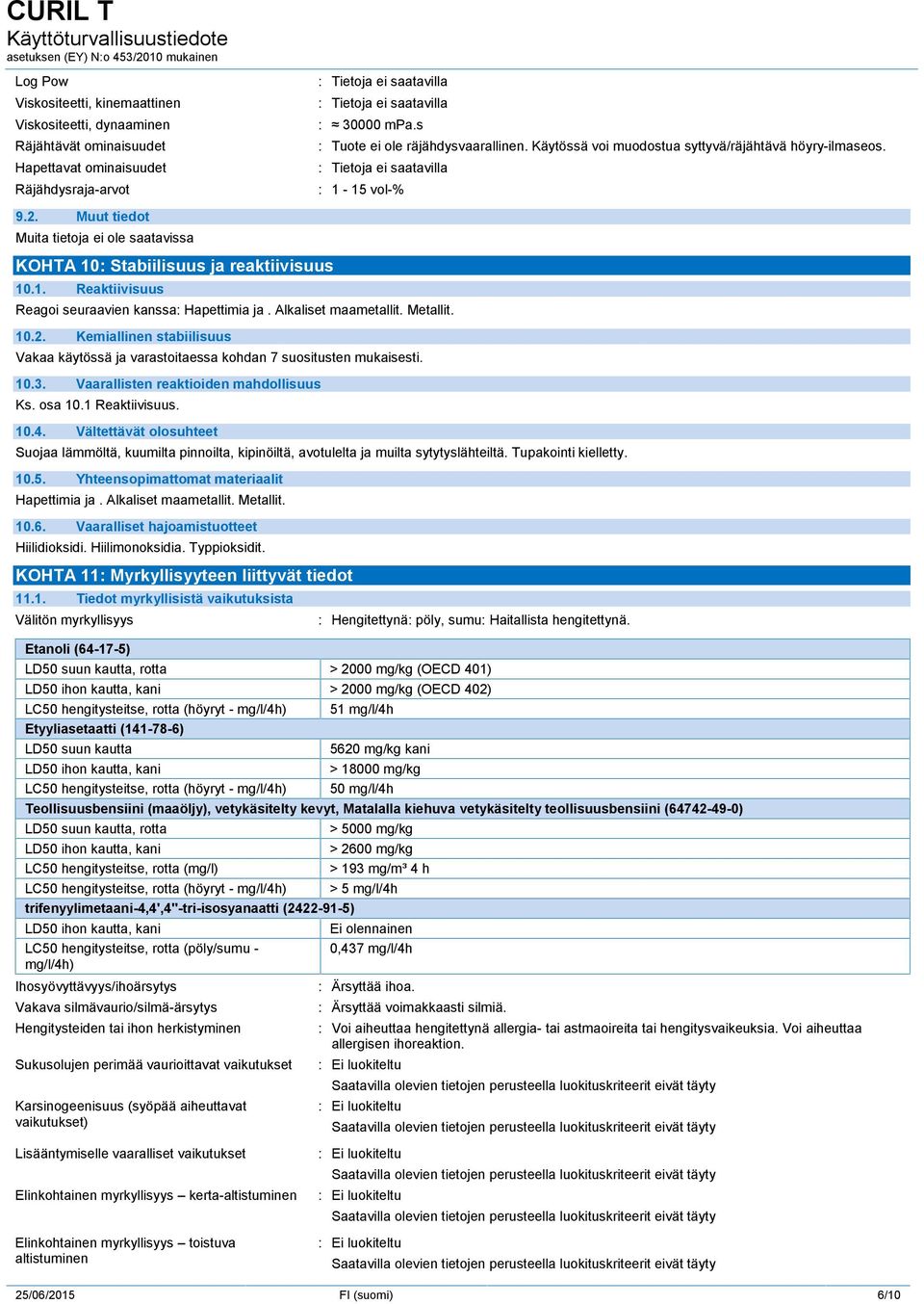 Alkaliset maametallit. Metallit. 10.2. Kemiallinen stabiilisuus Vakaa käytössä ja varastoitaessa kohdan 7 suositusten mukaisesti. 10.3. Vaarallisten reaktioiden mahdollisuus Ks. osa 10.