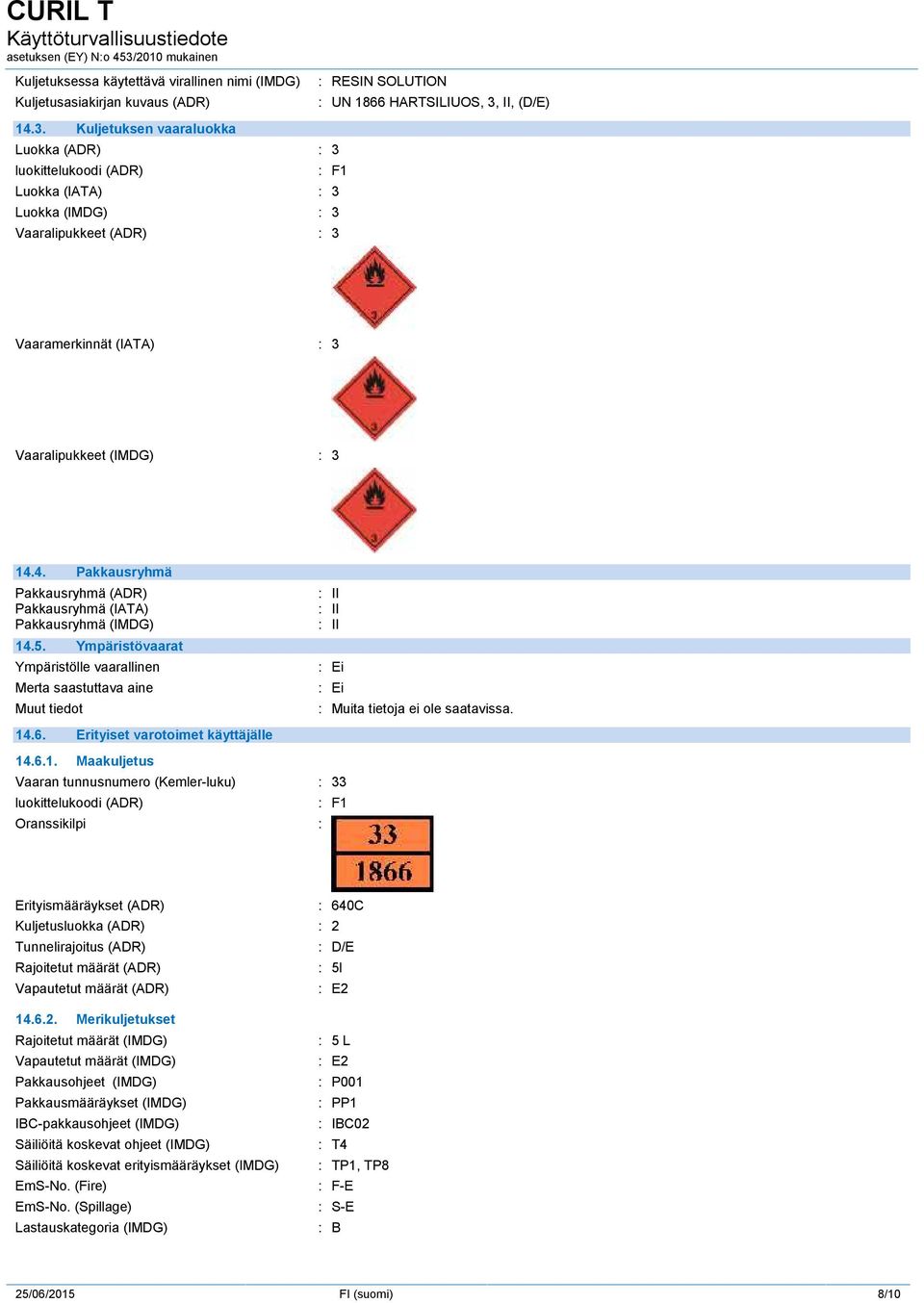 (IATA) : 3 Vaaralipukkeet (IMDG) : 3 14.4. Pakkausryhmä Pakkausryhmä (ADR) : II Pakkausryhmä (IATA) : II Pakkausryhmä (IMDG) : II 14.5.