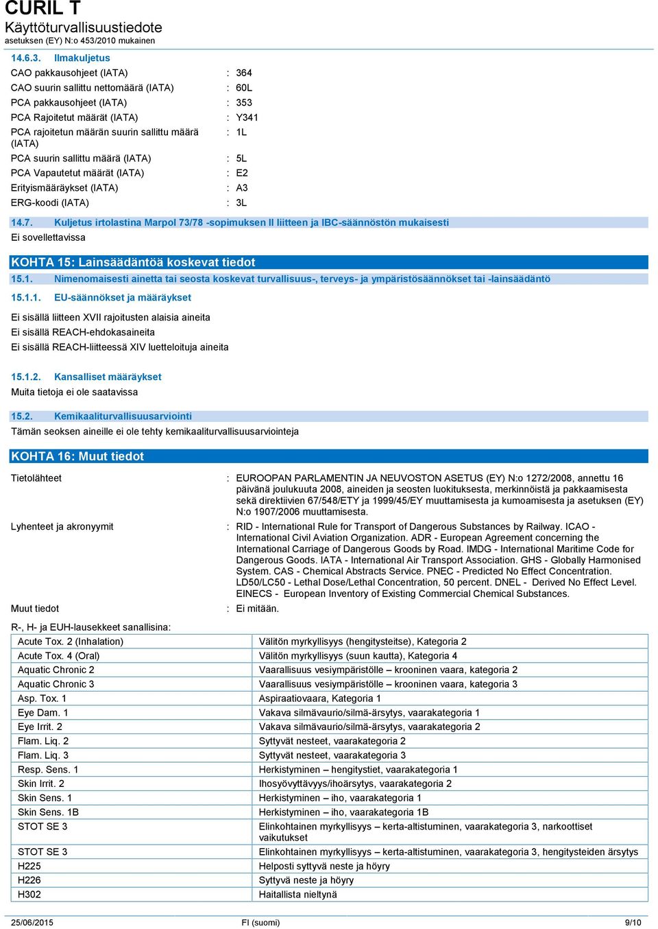 PCA suurin sallittu määrä (IATA) PCA Vapautetut määrät (IATA) Erityismääräykset (IATA) ERG-koodi (IATA) : Y341 : 1L : 5L : E2 : A3 : 3L 14.7.