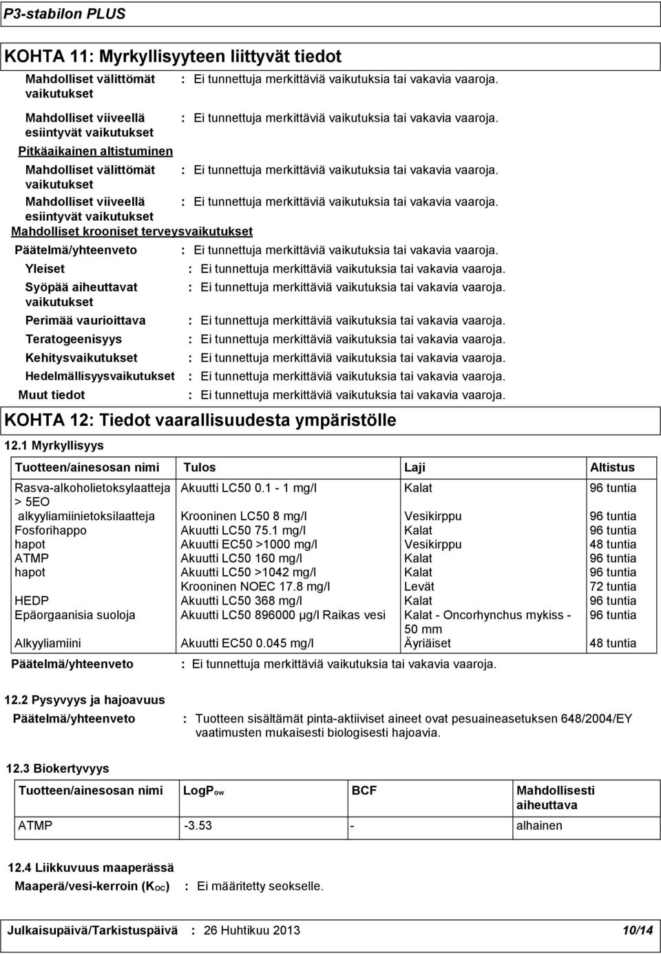 tiedot KOHTA 12 Tiedot vaarallisuudesta ympäristölle 12.1 Myrkyllisyys Tuotteen/ainesosan nimi Rasva-alkoholietoksylaatteja Akuutti LC50 0.