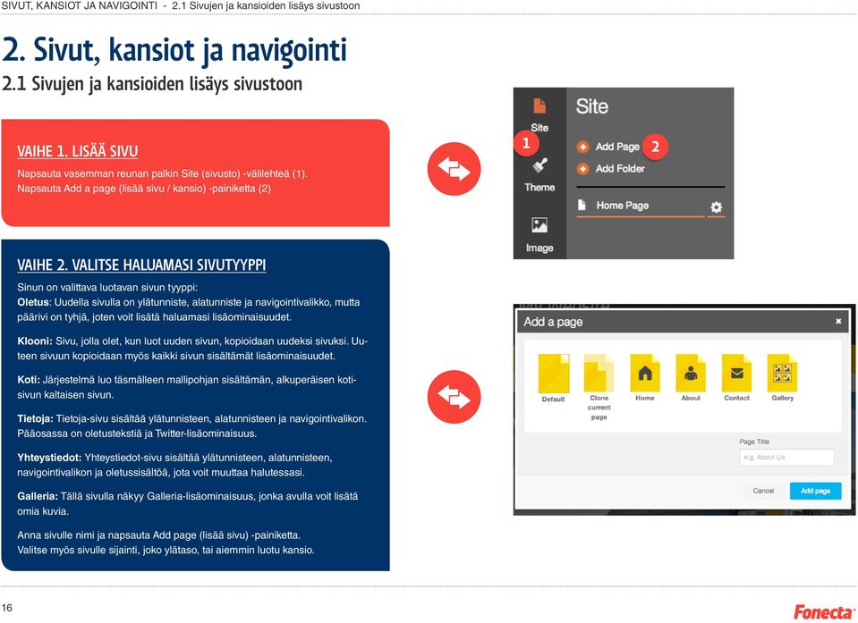 VALITSE HALUAMASI SIVUTYYPPI Sinun on valittava luotavan sivun tyyppi: Oletus: Uudella sivulla on ylätunniste, alatunniste ja navigointivalikko, mutta päärivi on tyhjä, joten voit lisätä haluamasi