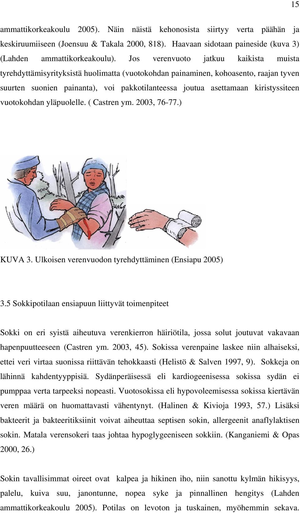 kiristyssiteen vuotokohdan yläpuolelle. ( Castren ym. 2003, 76-77.) KUVA 3. Ulkoisen verenvuodon tyrehdyttäminen (Ensiapu 2005) 3.