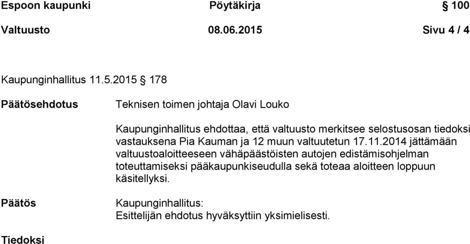 2015 178 Päätösehdotus Teknisen toimen johtaja Olavi Louko Kaupunginhallitus ehdottaa, että valtuusto merkitsee