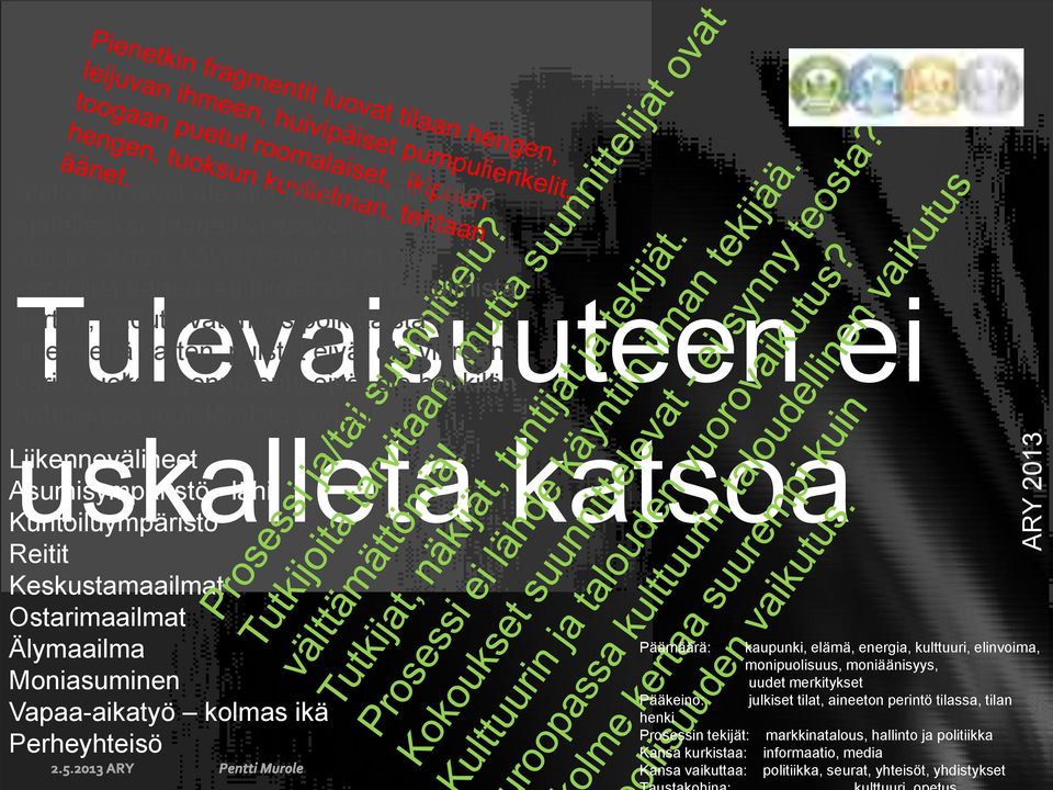 uskalleta katsoa Liikennevälineet Asumisympäristö lähi Kuntoiluympäristö Reitit Keskustamaailmat Ostarimaailmat Älymaailma Päämäärä: Moniasuminen uudet merkitykset Pääkeino: Vapaa-aikatyö kolmas ikä