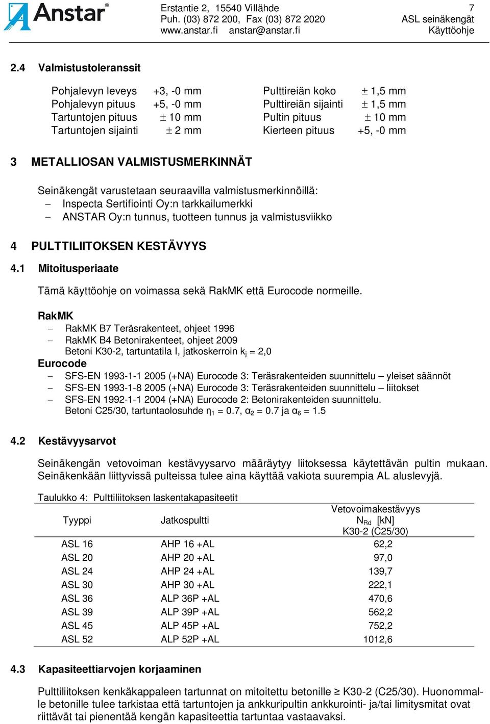 mm Kierteen pituus +5, -0 mm 3 METALLIOSAN VALMISTUSMERKINNÄT Seinäkengät varustetaan seuraavilla valmistusmerkinnöillä: Inspecta Sertifiointi Oy:n tarkkailumerkki ANSTAR Oy:n tunnus, tuotteen tunnus