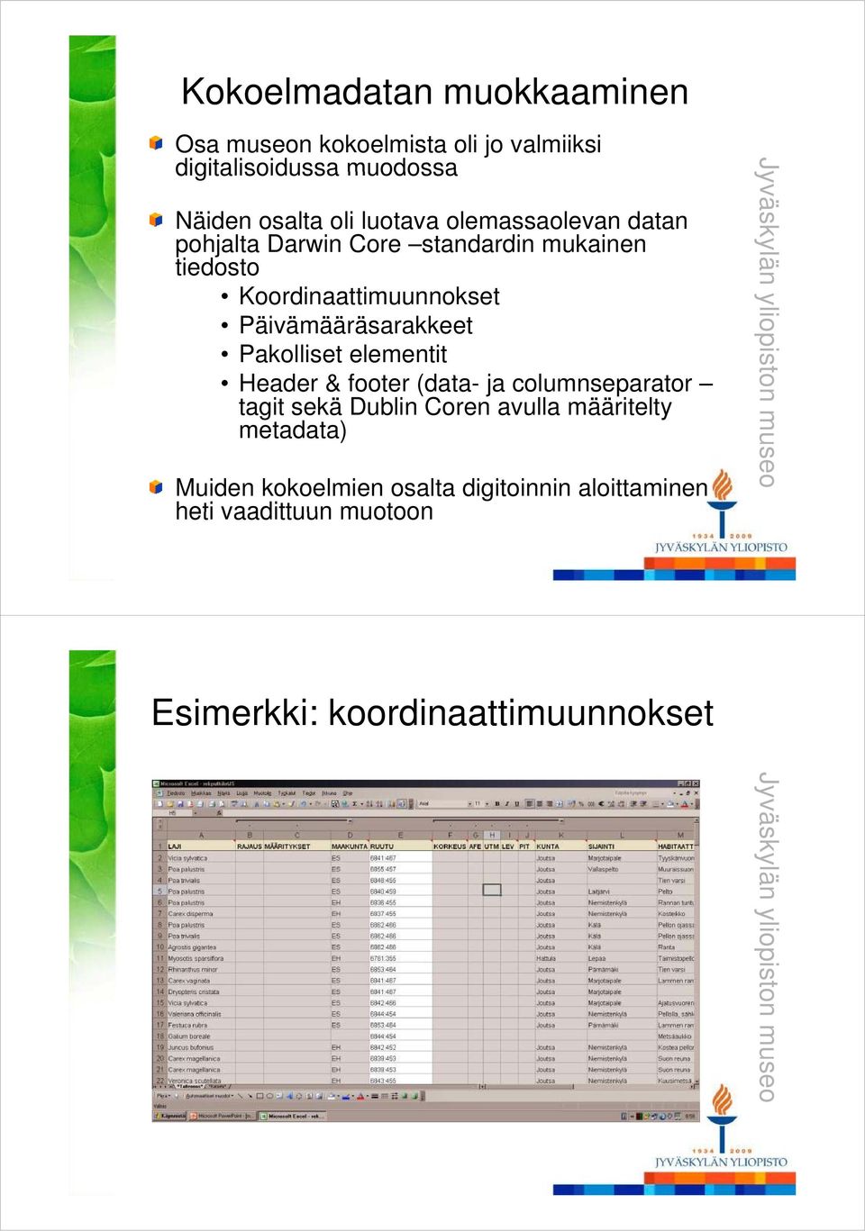 elementit Header & footer (data- ja columnseparator tagit sekä Dublin Coren avulla määritelty metadata) Muiden kokoelmien osalta