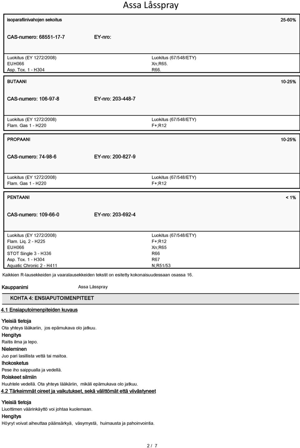 2 - H225 EUH066 STOT Single 3 - H336 Asp. Tox.