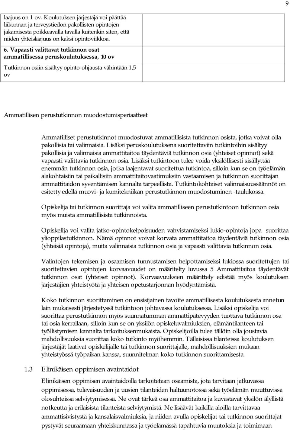 Vapaasti valittavat tutkinnon osat ammatillisessa peruskoulutuksessa, 10 ov Tutkinnon osiin sisältyy opinto-ohjausta vähintään 1,5 ov Ammatillisen perustutkinnon muodostumisperiaatteet Ammatilliset