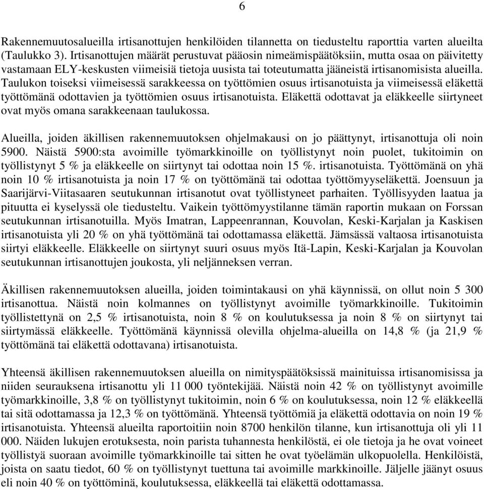 Taulukon toiseksi viimeisessä sarakkeessa on työttömien osuus irtisanotuista ja viimeisessä eläkettä työttömänä odottavien ja työttömien osuus irtisanotuista.