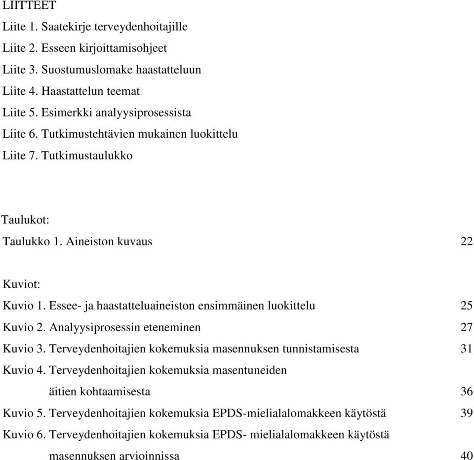 Essee- ja haastatteluaineiston ensimmäinen luokittelu 25 Kuvio 2. Analyysiprosessin eteneminen 27 Kuvio 3. Terveydenhoitajien kokemuksia masennuksen tunnistamisesta 31 Kuvio 4.